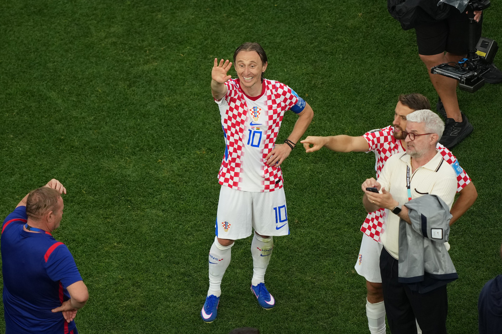 Croatia's Luka Modric (10) celebrates a win during the World Cup Group L soccer match between Croatia and Ghana in Philadelphia, Saturday, June 27, 2026. (AP Photo/Matt Rourke)