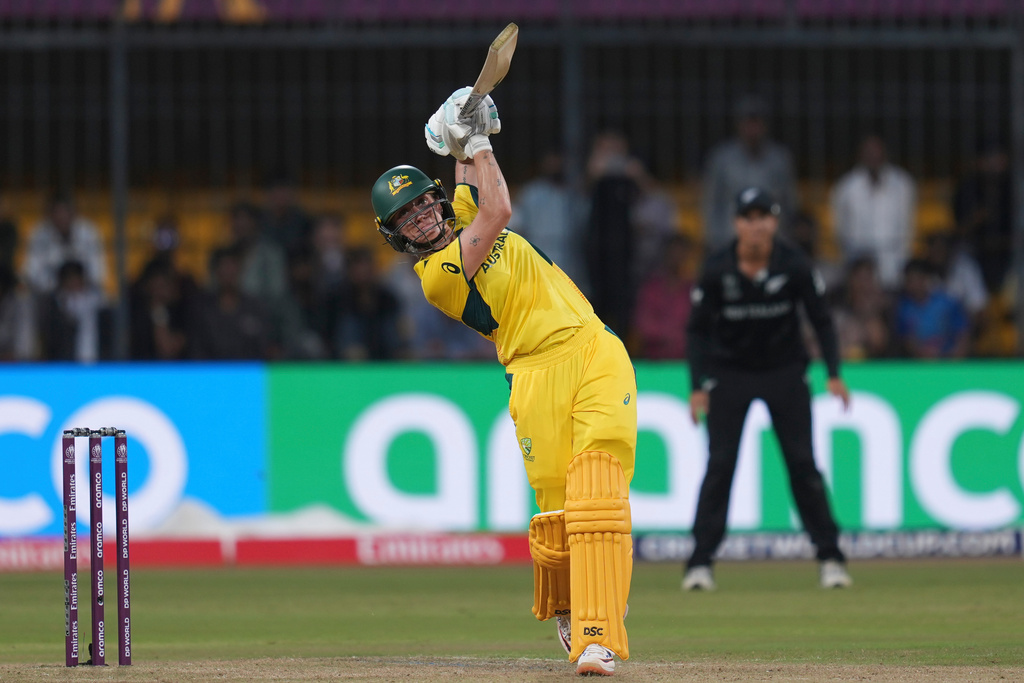 Australia's Ashleigh Gardner plays a shot during the ICC Women's Cricket World Cup cricket match between New Zealand and Australia at Holkar Cricket Stadium in Indore, India, Wednesday, Oct. 1, 2025. (AP Photo/Rafiq Maqbool)