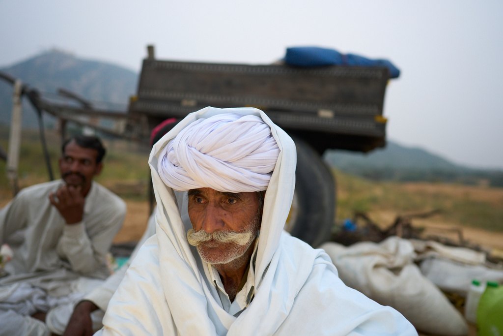 A camel herder attends the annual cattle fair in Pushkar, in the western Indian state of Rajasthan, Monday, Oct. 27, 2025. (AP Photo/Rajesh Kumar Singh)