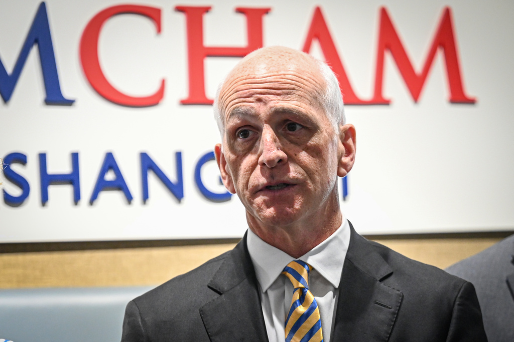 US Representative Adam Smith speaks during a press conference at the American Chamber of Commerce (AmCham) in Shanghai, China, Thursday, Sept.25, 2025. (Jade Gao/Pool Photo via AP)