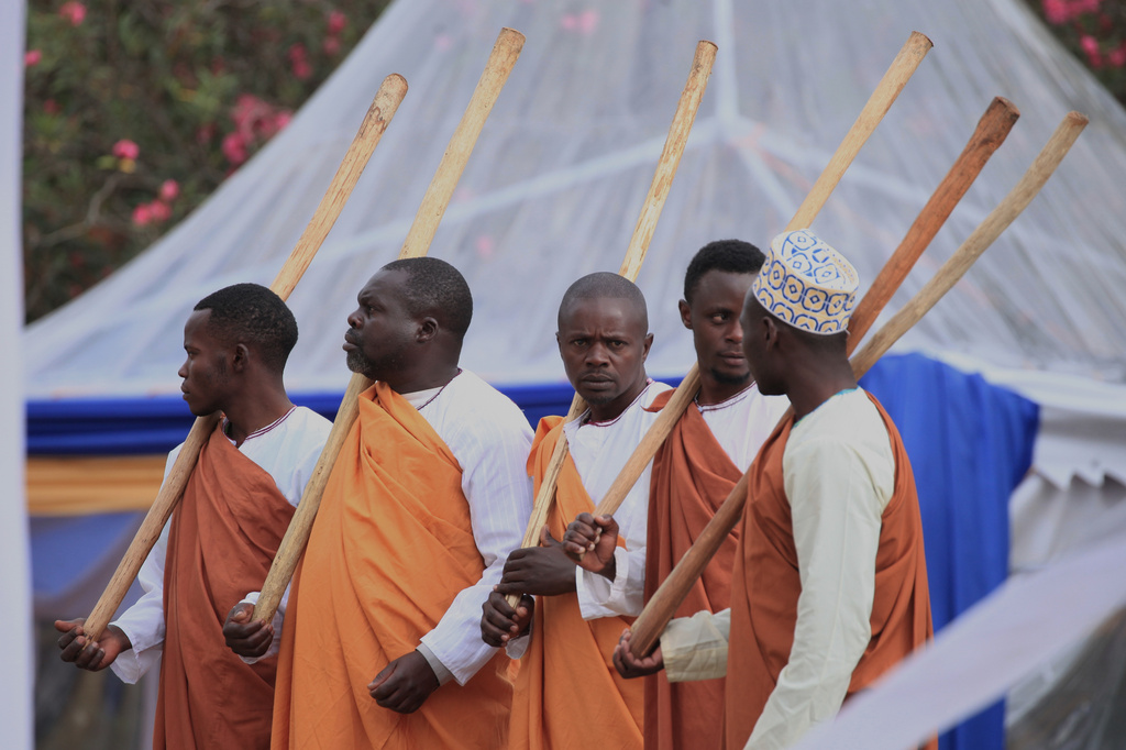 Mourners gather for the funeral of Tooro's King Oyo Nyimba in the remote city of Fort Portal, near the Congo border in Uganda, Saturday, Sept. 12, 2026. (AP Photo/Patrick Onen)