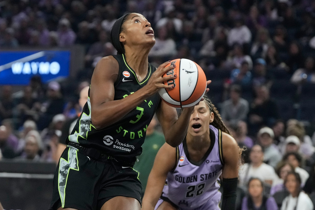 Seattle Storm guard-forward Taylor Thierry (3) shoots against Golden State Valkyries guard Veronica Burton (22) during the first half of a WNBA basketball game in San Francisco, Saturday, Sept. 19, 2026. (AP Photo/Jeff Chiu)