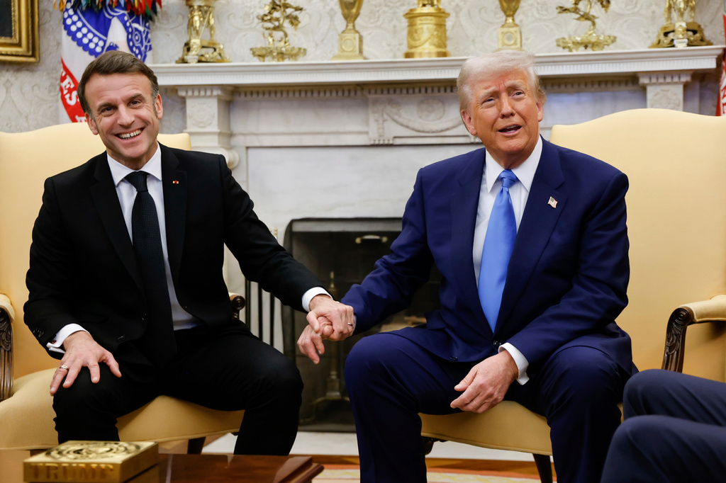 FILE - President Donald Trump, right, meets with France's President Emmanuel Macron in the Oval Office of the White House in Washington, Feb. 24, 2025. (Ludovic Marin/Pool via AP, file)