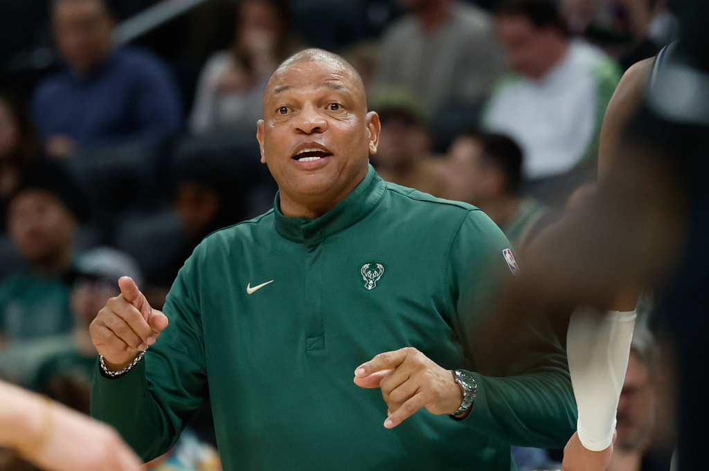Milwaukee Bucks head coach Doc Rivers on the sidelines during the first half of an NBA basketball game against the Brooklyn Nets, Friday, April 10, 2026, in Milwaukee. (AP Photo/Jeffrey Phelps)