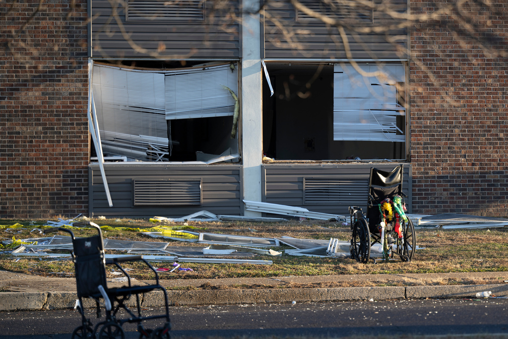 Wheelchairs and other debris are scattered amid structural damage after a massive explosion and fire caused a collapse at a nursing home in Bristol, Pa., Wednesday, Dec. 24, 2025. (Jose F. Moreno/The Philadelphia Inquirer via AP)