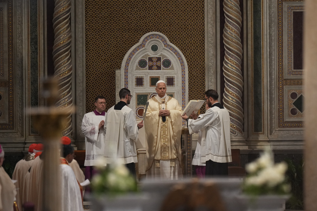 Pope Leo XIV presides over the Missa in Caena Domini, the Mass of the Lord's Supper, on Catholic Holy Thursday in St. John Lateran Basilica in Rome, Thursday, April 2, 2026. (AP Photo/Andrew Medichini)