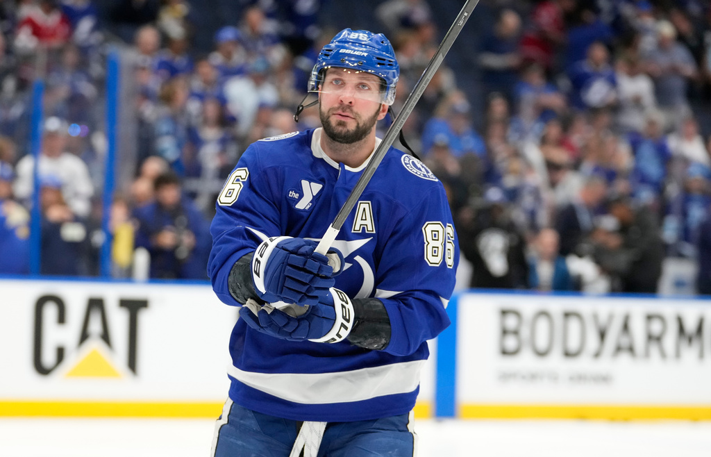FILE - Tampa Bay Lightning right wing Nikita Kucherov looks on before Game 1 of an NHL hockey Stanley Cup first-round playoff series against the Montréal Canadiens, April 19, 2026, in Tampa, Fla. (AP Photo/Chris O'Meara, File)