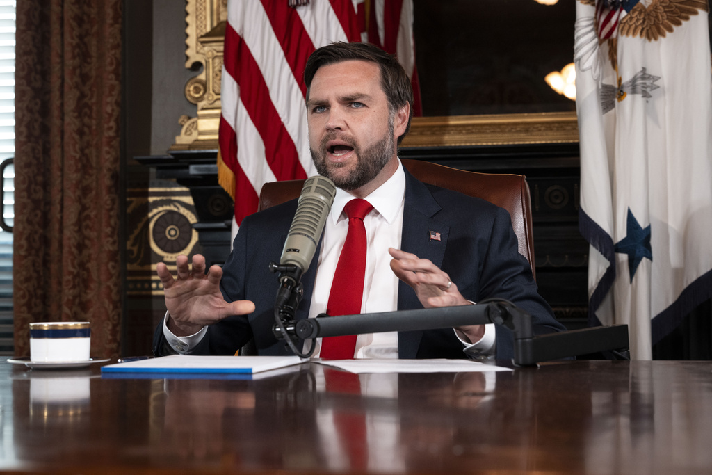 Vice President JD Vance hosts an episode of "The Charlie Kirk Show" at the White House, following the assassination of the show's namesake, Monday, Sept., 15, 2025, in Washington. (Doug Mills/The New York Times via AP, Pool)