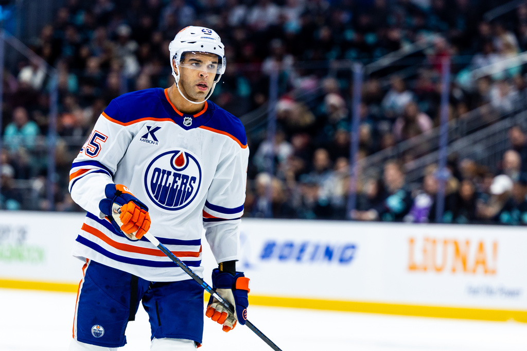 FILE - Edmonton Oilers defenseman Darnell Nurse skates during an NHL hockey game against the Seattle Kraken, Nov. 29, 2025, in Seattle. (AP Photo/Maddy Grassy, File)