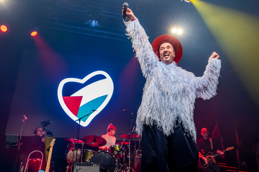 Belgian singer Gustaph sings during a United for Palestine anti-Eurovision concert in Brussels, Tuesday, May 12, 2026. (AP Photo/Geert Vanden Wijngaert)
