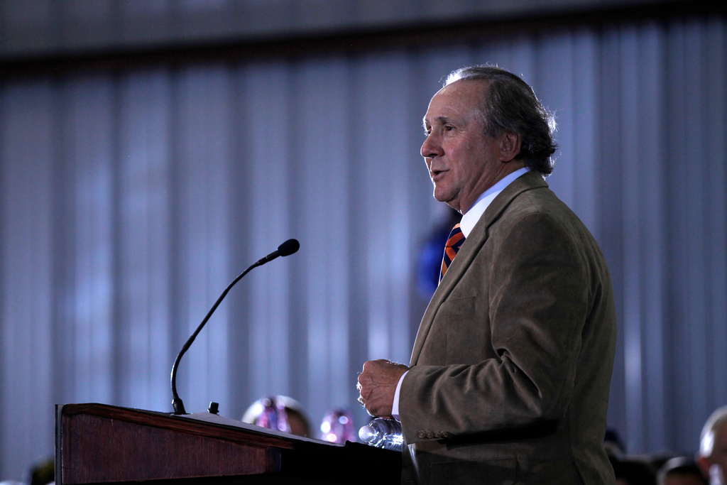 FILE - Michael Reagan, the son of former President Ronald Reagan, introduces Republican presidential candidate, former House Speaker Newt Gingrich during a campaign stop, Jan. 30, 2012, in Pensacola, Fla. (AP Photo/Matt Rourke, File)