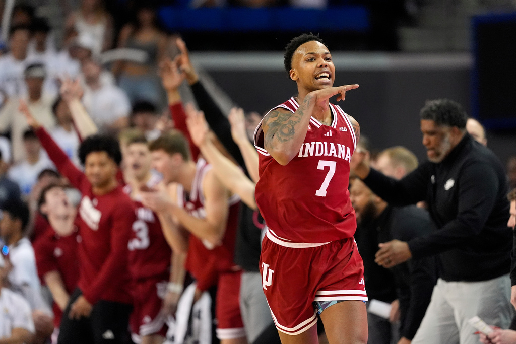 Indiana guard Nick Dorn celebrates after scoring during the second half of an NCAA college basketball game against UCLA, Saturday, Jan. 31, 2026, in Los Angeles. (AP Photo/Mark J. Terrill)