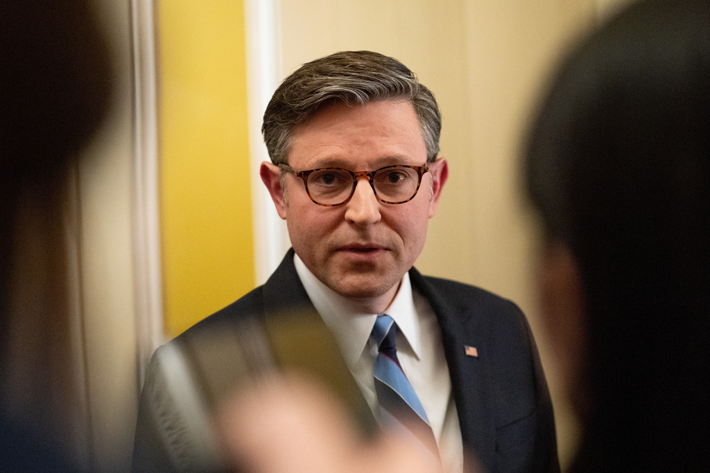 House Speaker Mike Johnson, R-La., speaks to reporters on Capitol Hill in Washington, Tuesday, Oct. 7, 2025. (AP Photo/Allison Robbert)