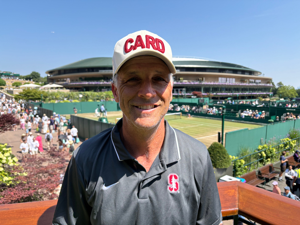 Stanford University men's tennis coach Paul Goldstein poses for a photo on day 11 of the Wimbledon Tennis Championships in London, Thursday, July 9, 2026. (AP Photo/Andrew Dampf)