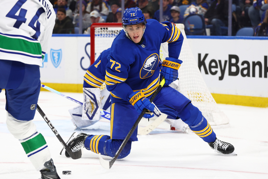 Buffalo Sabres center Tage Thompson (72) goes down to block a shot during the second period of an NHL hockey game against the Vancouver Canucks Tuesday, Jan. 6, 2026, in Buffalo, N.Y. (AP Photo/Jeffrey T. Barnes)