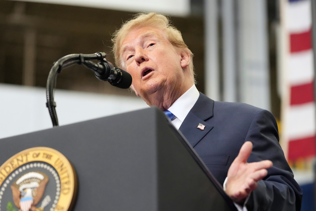 President Donald Trump speaks during an event to present the Congressional Space Medal of Honor to Artemis II crew members, Friday, Aug. 28, 2026, at Johnson Space Center in Houston. (AP Photo/Mark Schiefelbein)