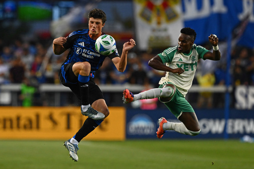 San Jose Earthquakes defender Daniel Munie (5) battles Austin FC forward Jáder Obrian (7) for the ball during the first half of their decision match play at PayPal Park in San Jose, Calif., on Saturday, Oct. 18, 2025. (Jose Carlos Fajardo/Bay Area News Group via AP) San Jose Earthquakes defender Daniel Munie (5) battles Austin FC forward Jáder Obrian (7) for the ball during the first half of their decision match play at PayPal Park in San Jose, Calif., on Saturday, Oct. 18, 2025. (Jose Carlos Fajardo/Bay Area News Group via AP)