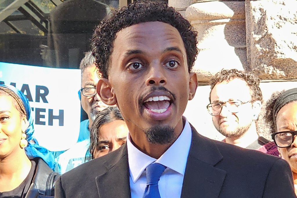 Democratic Minneapolis mayoral candidate and state Sen. Omar Fateh speaks at a news conference outside of Minneapolis City Hall on Monday. Oct. 13, 2025, in Minneapolis. (AP Photo/Steve Karnowski)