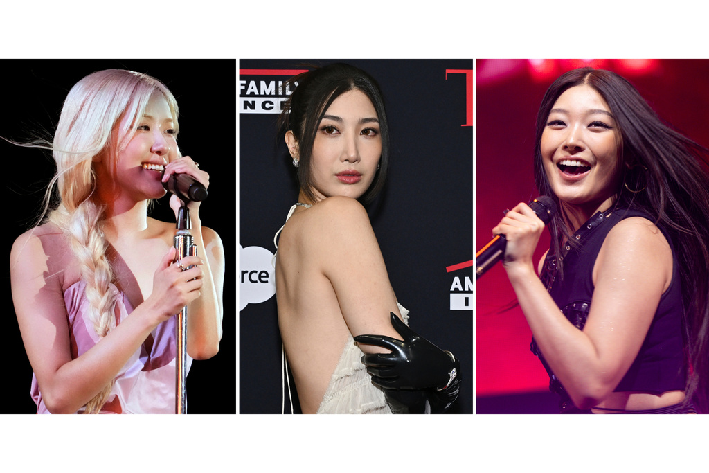 This combination of photos show Rosé performing at the Global Citizen Festival in New York on Sept. 27, 2025, left, Ejae, from "KPop Demon Hunters," at the A Year in TIME honors gala in New York on Dec. 10, 2025, center, and Yoonchae, of KATSEYE, performing in Inglewood, Calif., on Dec. 12, 2025. (AP Photo)