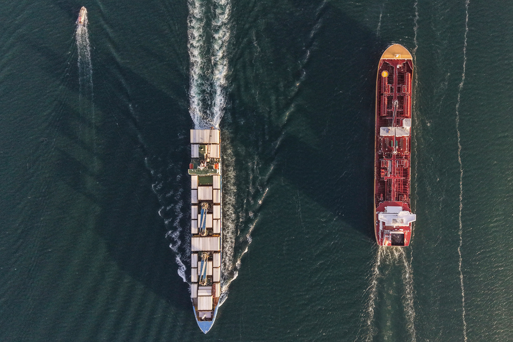 A bulk carrier and a cargo ship transit the Panama Canal in Panama City, Thursday, March 12, 2026. (AP Photo/Matias Delacroix)