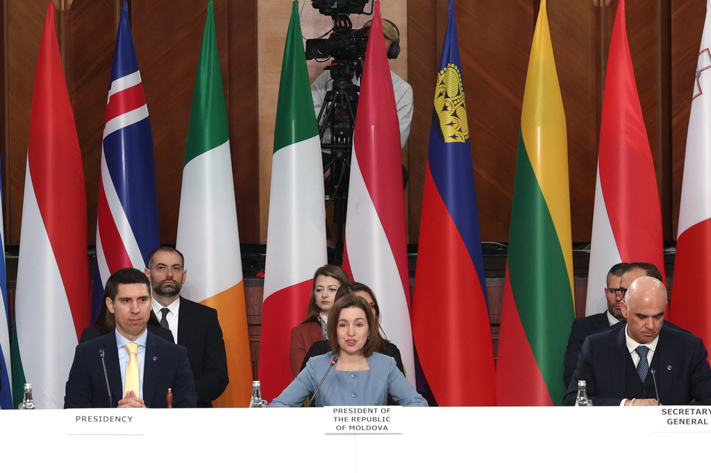 Moldova's President Maia Sandu, center, Secretary General of the Council of Europe Alain Berset, right, and Moldova's Deputy Prime Minister and Minister of Foreign Affairs Mihai Popsoi attend the 135th Ministerial Session of the Committee of Ministers of the Council of Europe in Chisinau, Moldova, Friday, May 15, 2026. (AP Photo/Elena Covalenco)