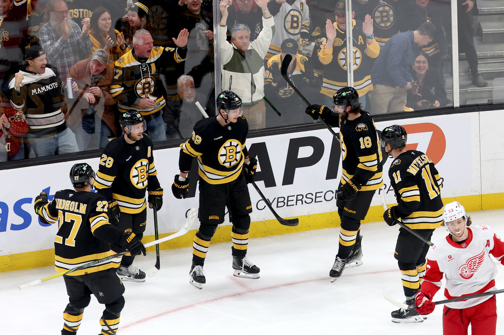 Boston Bruins celebrate a goal by Boston Bruins center Morgan Geekie (39), center, during the third period of an NHL hockey game against the Detroit Red Wings, Saturday, Nov. 29, 2025, in Boston. (AP Photo/Mark Stockwell)