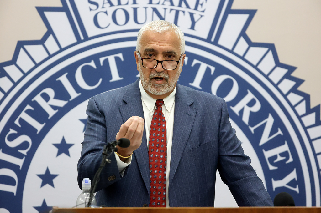 Salt Lake County District Attorney Sim Gill speaks at a press conference at the District Attorney's Office about manslaughter charges filed against Matt Alder for the fatal shooting of Arthur Folasa Ah Loo, who was an innocent bystander at a "No Kings" rally, in Salt Lake City, Wednesday, Dec. 3, 2025. (Kristin Murphy/The Deseret News via AP)