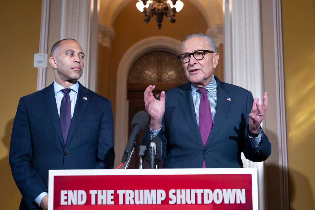 House Minority Leader Hakeem Jeffries, D-N.Y., left, and Senate Minority Leader Chuck Schumer, D-N.Y., speak to reporters outside the Senate chamber as they charge President Donald Trump and the Republicans with the government shutdown, at the Capitol in Washington, Thursday, Oct. 16, 2025. (AP Photo/J. Scott Applewhite)