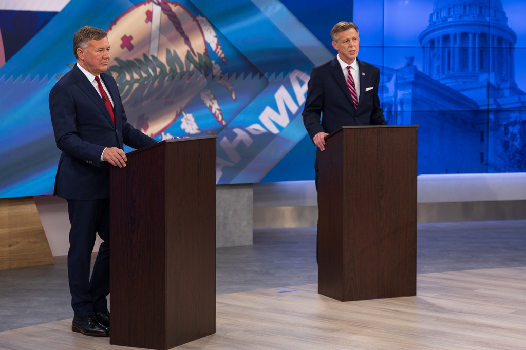 Oklahoma Republican gubernatorial candidates Gentner Drummond, left, and Mike Mazzei verbally spar at a televised debate in Tulsa, Okla., Aug. 3, 2026. (Jake Ramsey/Oklahoma Watch via AP)