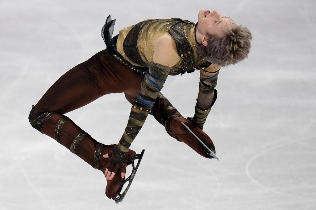 Ilia Malinin from the United States competes during the men's short program at the Figure Skating World Championships in Prague, Czech Republic, Thursday, March 26, 2026. (AP Photo/Petr David Josek)