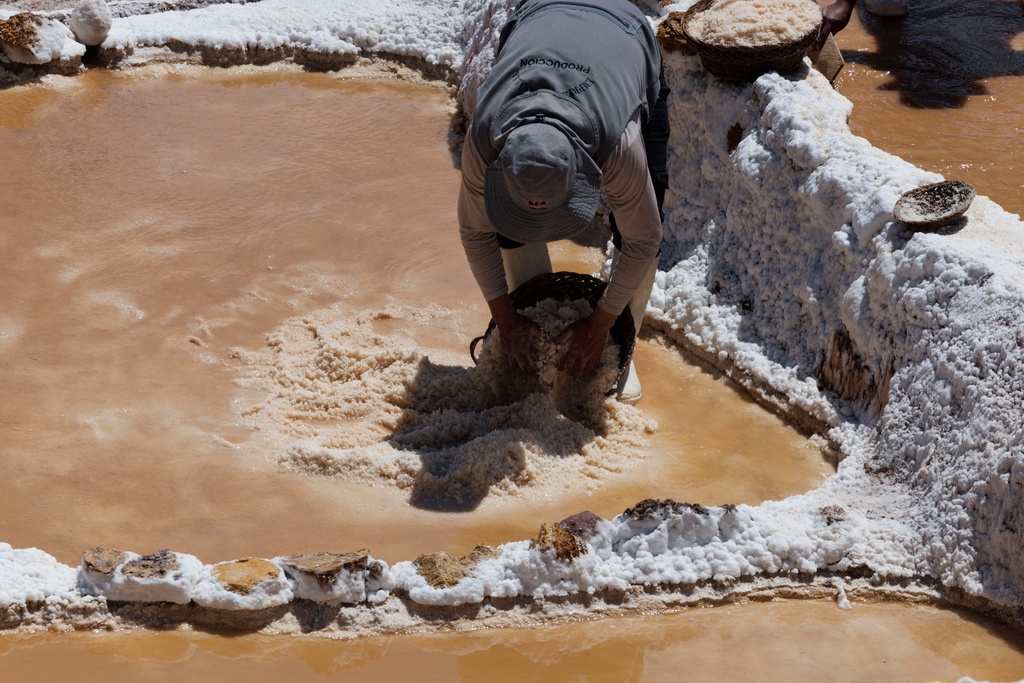 A family mines the salt by scooping it into a pan to put in a pile to dry on the sides of the ponds at Salineras de Maras, Maras salt mines, in the Sacred Valley, near Cusco, Peru on Saturday, Aug. 30, 2025. (AP Photo/Alie Skowronski)