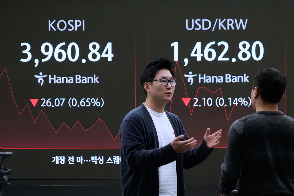 Currency traders work near a screen showing the Korea Composite Stock Price Index (KOSPI), left, and the foreign exchange rate between U.S. dollar and South Korean won at the foreign exchange dealing room of the Hana Bank headquarters in Seoul, South Korea, Friday, Nov. 28, 2025. (AP Photo/Ahn Young-joon)