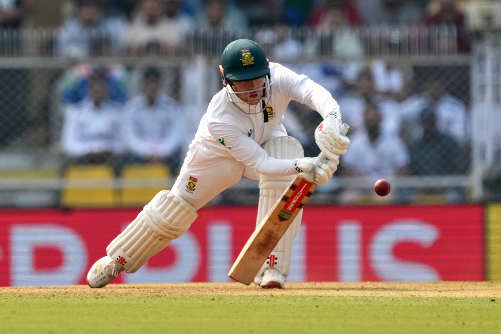 South Africa's Kyle Verreynne plays a shot on the second day of the second cricket test match between India and South Africa in Guwahati, India, Saturday, Nov. 22, 2025. (AP Photo/Anupam Nath)