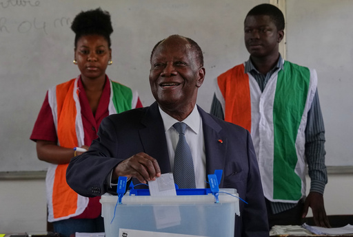 Ivory Coast President Alassane Ouattara casts his vote at a polling station during the presidential elections in Abidjan, Ivory Coast, Saturday, Oct. 25, 2025. (AP Photo/Misper Apawu) Ivory Coast President Alassane Ouattara casts his vote at a polling station during the presidential elections in Abidjan, Ivory Coast, Saturday, Oct. 25, 2025. (AP Photo/Misper Apawu)