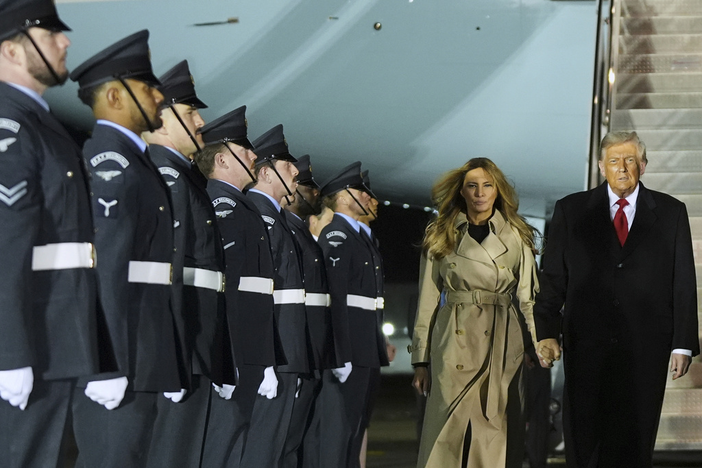President Donald Trump and first lady Melania Trump arrive at Stansted Airport near London, Tuesday, Sept. 16, 2025. (AP Photo/Evan Vucci)