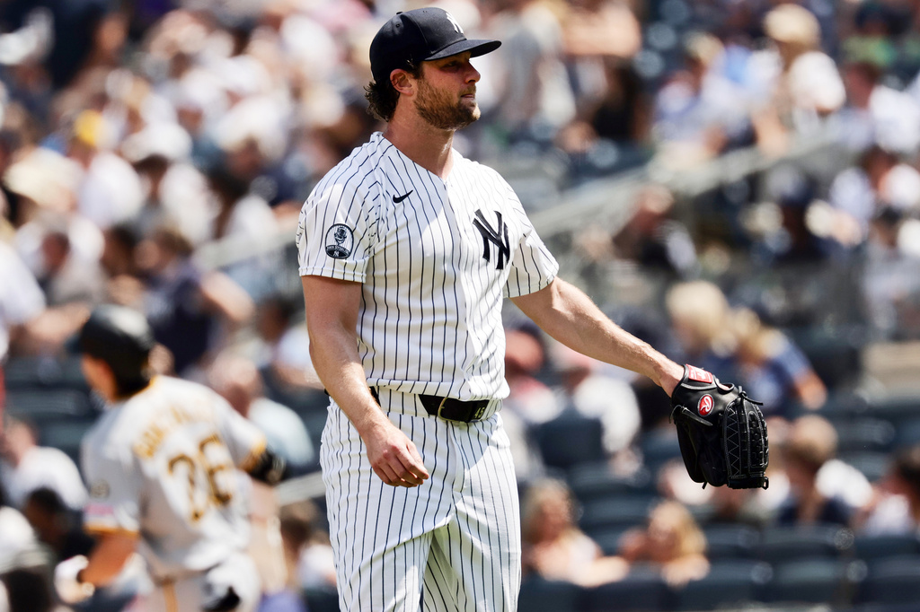 New York Yankees pitcher Gerrit Cole reacts after giving up a two-run home run to Pittsburgh Pirates' Jacob Gonzalez (26) in the fifth inning during the first baseball game of a doubleheader, Wednesday, July 22, 2026, in New York. (AP Photo/Adam Hunger)