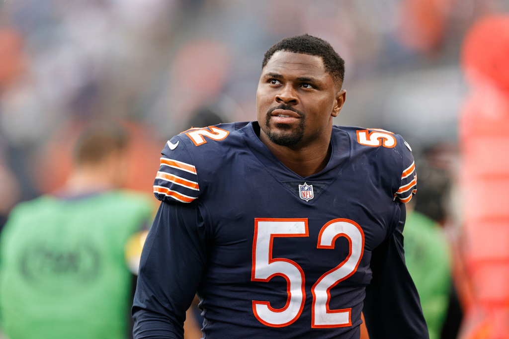 FILE - Chicago Bears outside linebacker Khalil Mack (52) walks off the field after an NFL football game against the Detroit Lions, Oct. 3, 2021, in Chicago. (AP Photo/Kamil Krzaczynski, File)