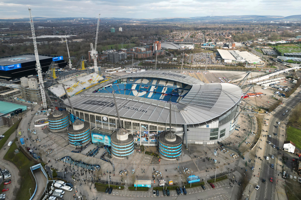 FILE - A general view of the Etihad Stadium ahead of the English FA Cup soccer match between Manchester City and Plymouth Argyle, Manchester, England, Saturday, March 1, 2025. (AP Photo/Jon Super, File)