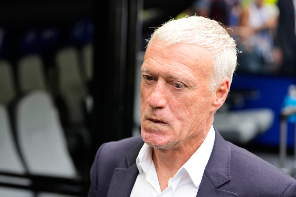 France head coach Didier Deschamps stands by the bench during the World Cup third-place playoff soccer match between France and England in Miami Gardens, Fla., Saturday, July 18, 2026. (AP Photo/Rebecca Blackwell)