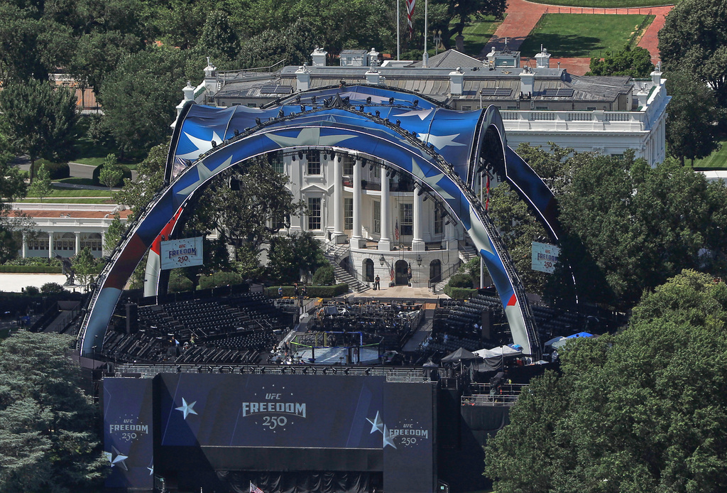 The arena for the UFC Freedom 250 fights is pictured on the South Lawn of the White House, in Washington, Saturday, June 13, 2026. (AP Photo/Rahmat Gul)