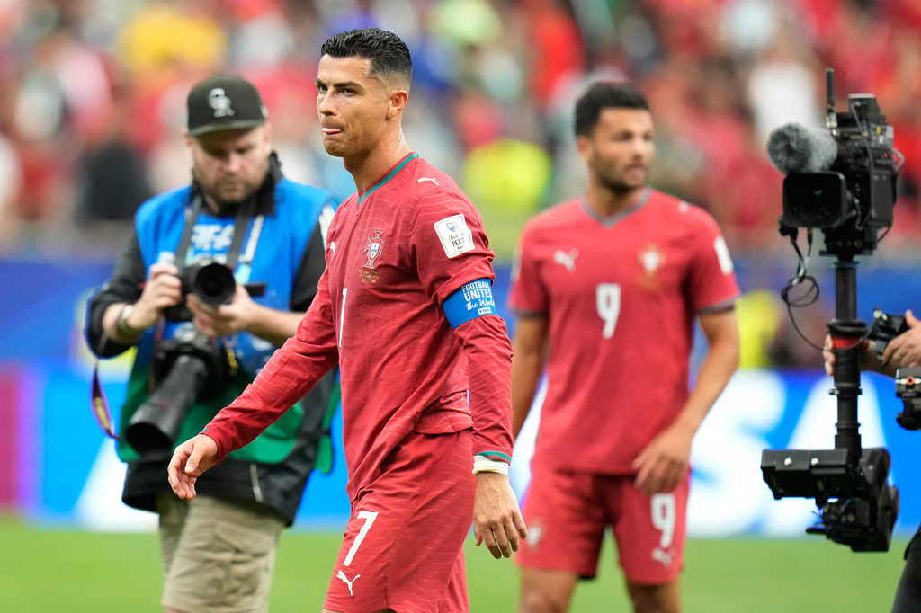 Portugal's Cristiano Ronaldo leaves the pitch after the World Cup Group K soccer match between Portugal and Congo in Houston, Wednesday, June 17, 2026. (AP Photo/Karen Warren)