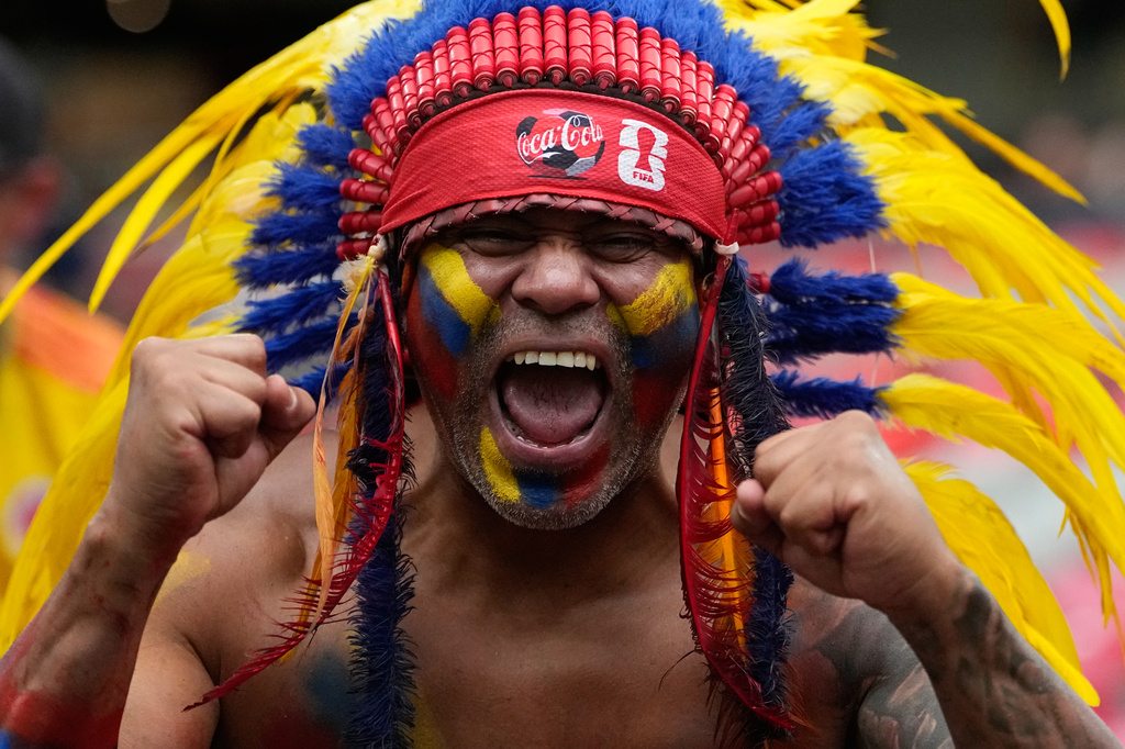 A Colombia fan reacts before the World Cup round of 16 soccer match between Switzerland and Colombia in Vancouver, British Columbia, Tuesday, July 7, 2026. (AP Photo/Lindsey Wasson)