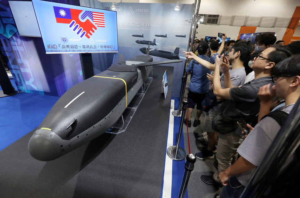 FILE - A low-cost autonomous cruise missile Barracuda 500, jointly manufactured by U.S Anduril and Taiwan''s National Chung-Shan Institute of Science and Technology, isndisplayed during the Taipei Aerospace & Defense Technology Exhibition (TADTE) at Nangang Exhibition Center in Taipei, Taiwan, Sept. 20, 2025. (AP Photo/Chiang Ying-ying, File)