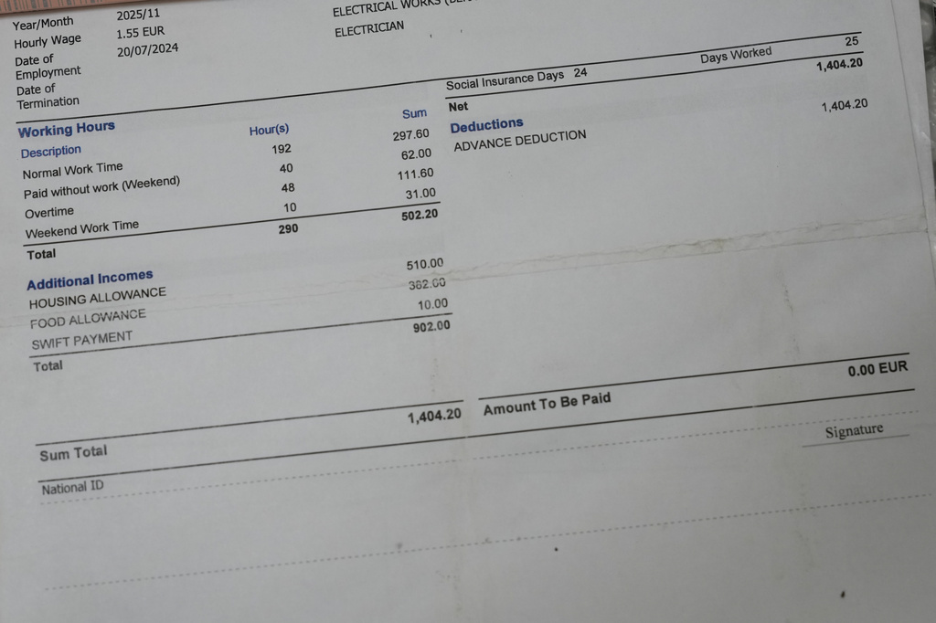 A view of the salary slip of a former Caddell company worker connected to the construction site of the new U.S. Consulate in Milan, Italy, Monday, June 8, 2026. (AP Photo/Antonio Calanni)