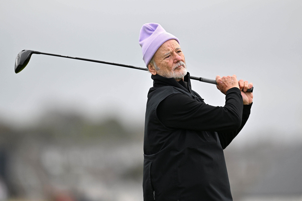 Actor Bill Murray during day one of the 2025 Alfred Dunhill Links Championship at the Carnoustie Golf Links course in Angus, Scotland, Thursday, Oct. 2, 2025. (Malcolm Mackenzie/PA via AP)