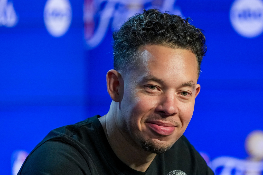 San Antonio Spurs head coach Mitch Johnson speaks to the media prior to the start of the NBA Finals basketball series against the New York Knicks, Tuesday, June 2, 2026, in San Antonio. (AP Photo/Eric Gay)