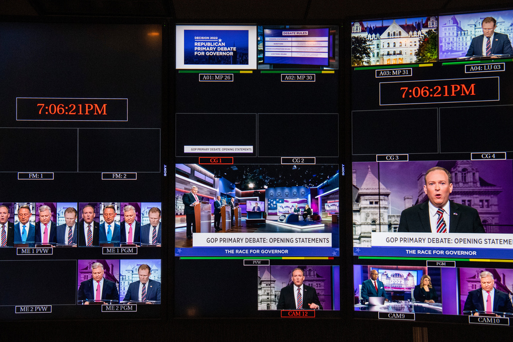 FILE - A view from the control room at Spectrum News NY1 is seen during the Republican gubernatorial debate, June 20, 2022, in New York. (Brittainy Newman/Newsday via AP, Pool, File)