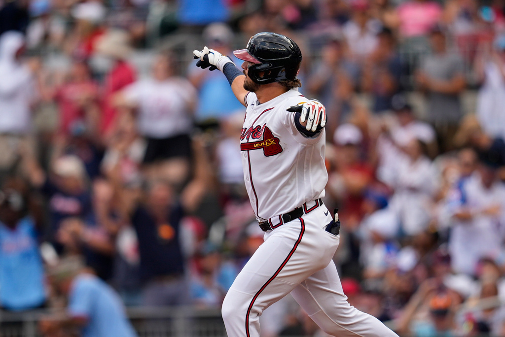 Atlanta Braves third baseman Austin Riley celebrates his three-run homer against the Boston Red Sox in the first inning of a baseball game, Sunday, May 17, 2026, in Atlanta. (AP Photo/Mike Stewart)
