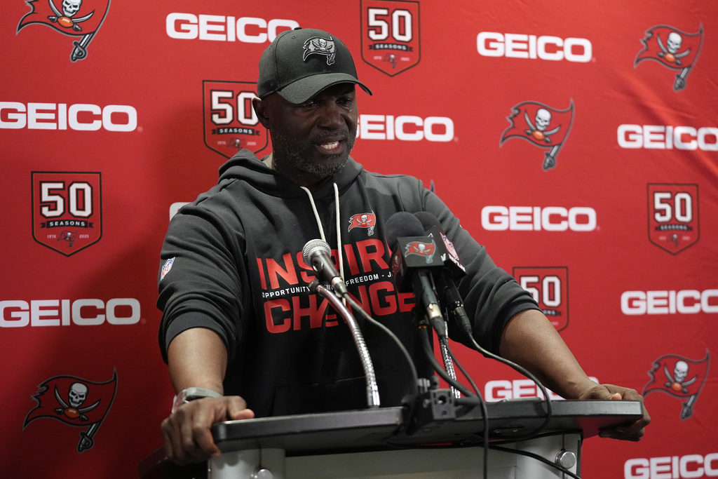 Tampa Bay Buccaneers head coach Todd Bowles speaks during a news conference after an NFL football game against the Miami Dolphins, Sunday, Dec. 28, 2025, in Miami Gardens, Fla. (AP Photo/Lynne Sladky)