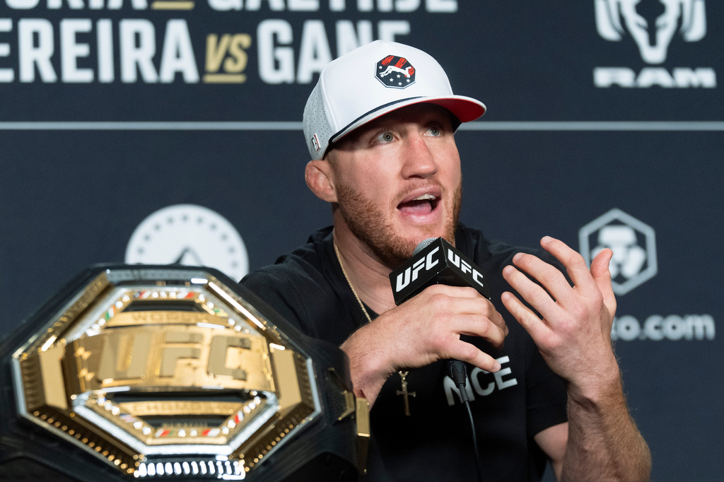 UFC lightweight fighter Justin Gaethje speaks to reporters during the UFC Freedom 250 media day, Wednesday, June 10, 2026, in Washington. (AP Photo/Manuel Balce Ceneta)